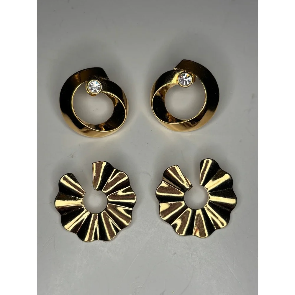 Avon Earrings Vintage Gold Tone Rhinestone Swirl and Ruffled Fan Stud Set 2 Pair